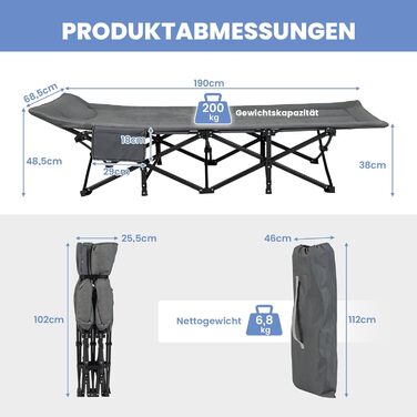 Похідне ліжко COSTWAY зі зручним бавовняним наповнювачем інтегрована подушка та матрац, розкладне кемпінгове ліжко з навантаженням до 200 кг, розкладне ліжко з бічною кишенею, кемпінговий шезлонг з сумкою для перенесення, гостьове ліжко сірого кольору