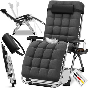 Лежак ELONEO розкладний преміум з подушкою, сонячний лежак для саду, вологостійкий, широка спинка, регульована, з подушкою для шиї та тримачем для напоїв, антрацит