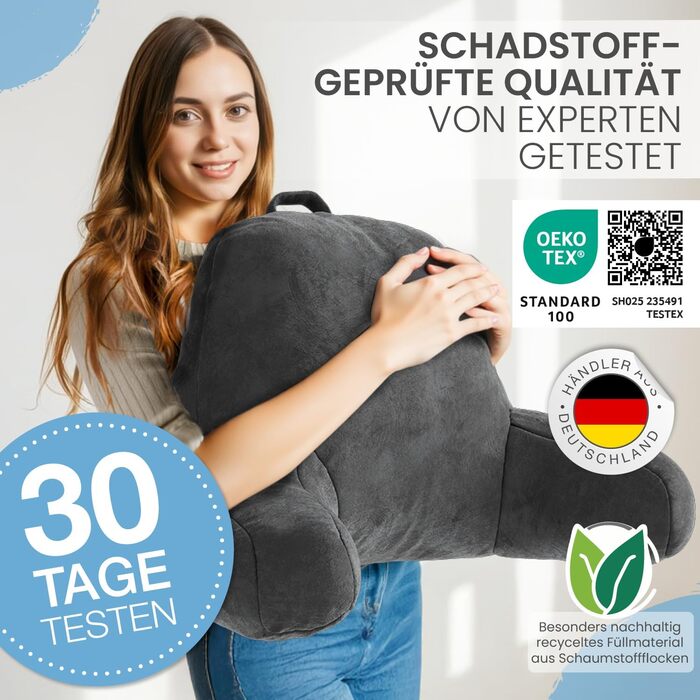 Підвалин для спини ELONEO з підлокітниками – м'яке крісло для читання в ліжко та диван, 76 × 46 × 40 см
