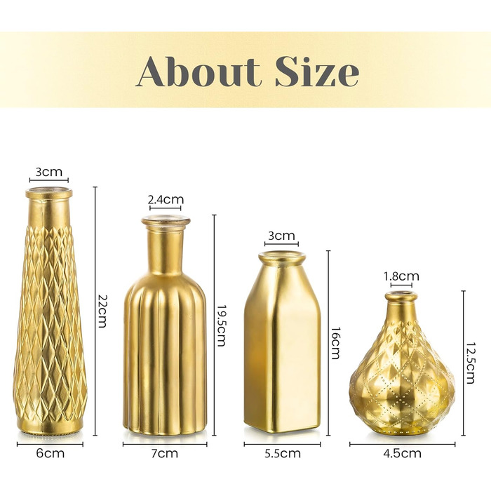 Золота ваза Hewory для декору: набір з 4 ваз для різдвяного декору, весілля та подарунків (22, 19.5, 16, 12.5 см)