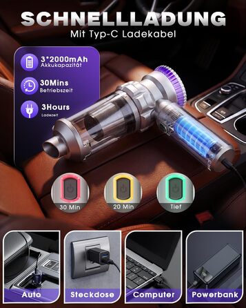 Бездротовий автомобільний пилосос Ortiny 28000Па, ручний міні-пилосос 4 в 1 з безщітковим двигуном та самоочищенням контейнера, для авто, дому та кухні, сріблясто-фіолетовий