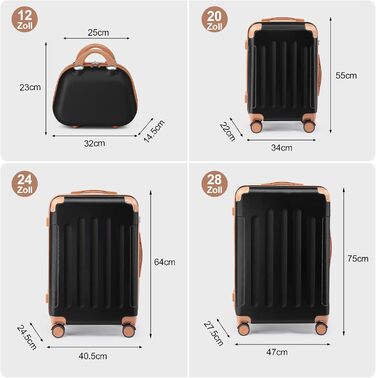 Набір валіз LALAHO 4 шт: дорожній комплект з косметичками, валізи з ABS пластику, багажний набір з косметичним мішечком, ручна валіза та 4 захисними куточками (Чорно-коричневий, Набір валіз 4 шт (смужки))