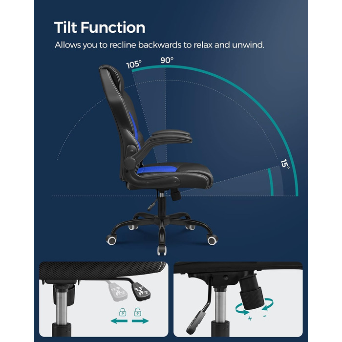 Ігрове крісло, Офісне крісло, Гоночне крісло, Комп'ютерне крісло, Ергономічне крісло, з підголівником і підлокітниками, для Домашнього офісу, Спальні, OBG059B01, 62 x 72 x (111,5-121) см (Чорно-синій, 52 x 47 x (110-120) см)