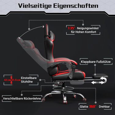 Ігровий крісло Yaheetech з масажем, регульована спинка 90-135°, комп'ютерне крісло з підніжкою, білий/червоний