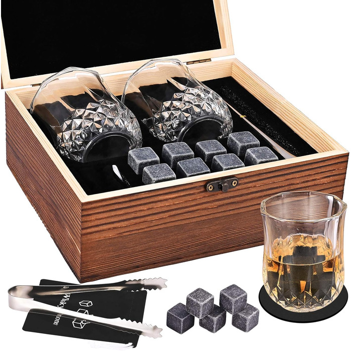 Подарунковий набір GOLDGE 14PCS Whisky Stones з келихами, кліпсою для льоду, підставками та оксамитовими мішечками