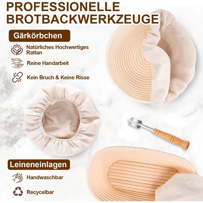 Набір для закваски з 21 елементом: 2 гільзи (23 см круглі, 25 см овальні), скляна тара 900 мл для заквашування, аксесуари для випікання хліба для початківців та професіоналів
