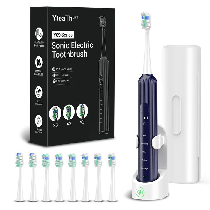 Електрична зубна щітка Sonic для дорослих та дітей, 5 режимів чищення, 8 насадок, блакитна
