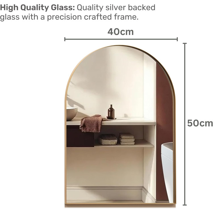 Дзеркало для ванної кімнати Arch Premium Design® Золота рамка, настінне, аркова форма, сучасний стиль (50x40 см)