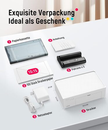 Портативний фотодрук для смартфонів Liene (10x15 см) + 2 пачки фотопаперу (20+80 листів), WiFi, сумісний з iPhone/Android/PC, 300 DPI, кольорова сублімація, білий