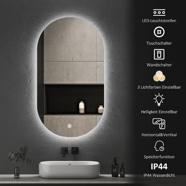Дзеркало для ванної кімнати Boromal з підсвічуванням, овальне LED, 50x90 см, сенсорне керування, диммування, 3 кольори світла