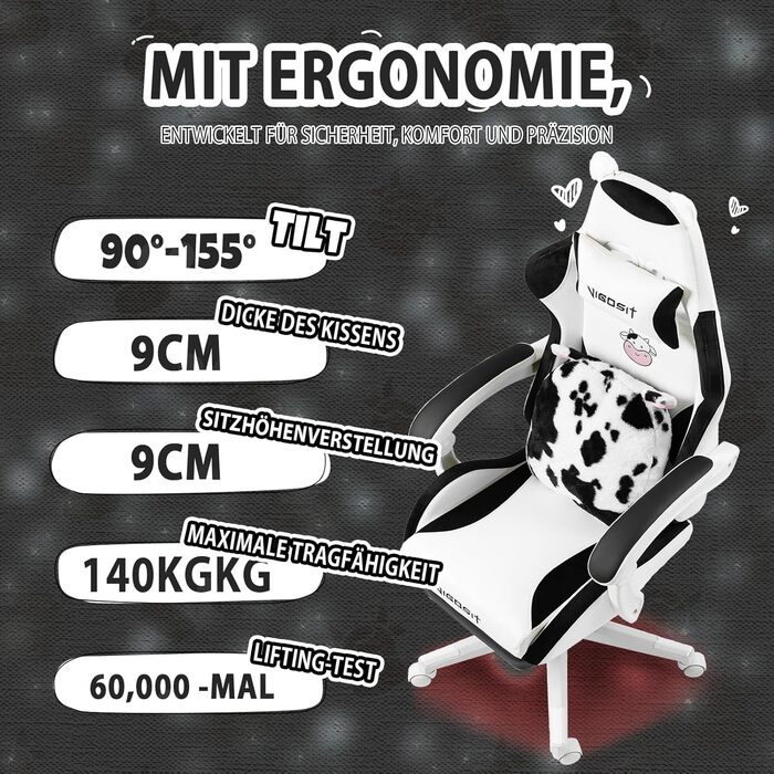 Ігровий крісло з милою формою та подушкою Каваї, ергономічний комп'ютерний ігровий стілець для дівчат з підтримкою попереку та підставкою для ніг, зручне відкидне крісло для підлітків (чорно-білий)