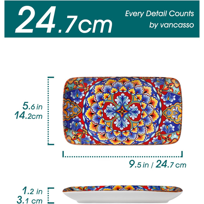 Набір тарілок Vancasso SIMI прямокутні, 6 шт. Порцелянові тарілки для сервірування, десертні, на 6 осіб, 24.7 x 14.2 см