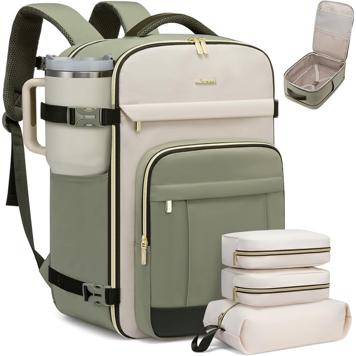 LOVEVOOK Рюкзак ручної поклажі, 40L, для подорожей, дамський, водонепроникний, для ноутбука 17 дюймів, кофр-рюкзак, для роботи, ділових поїздок, Weekender, оливково-зелений, світло-бежевий, оливково-зелений