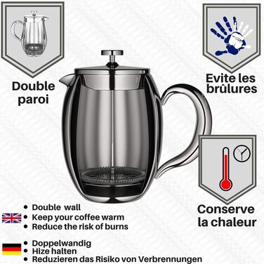 Кавоварка для приготування кави VeoHome French Press кавник небиткий, завдяки подвійному корпусу він зберігає тепло вашої кави протягом тривалого часу (1 літр) (0,75 л)