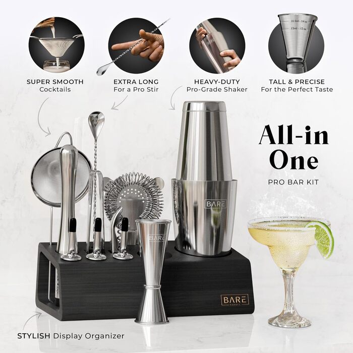Набір бармена Pro Mixology: 14 предметів, Boston Shaker 28oz, бамбуковий підставник, рецепти коктейлів. Ідеальний подарунок для дому.