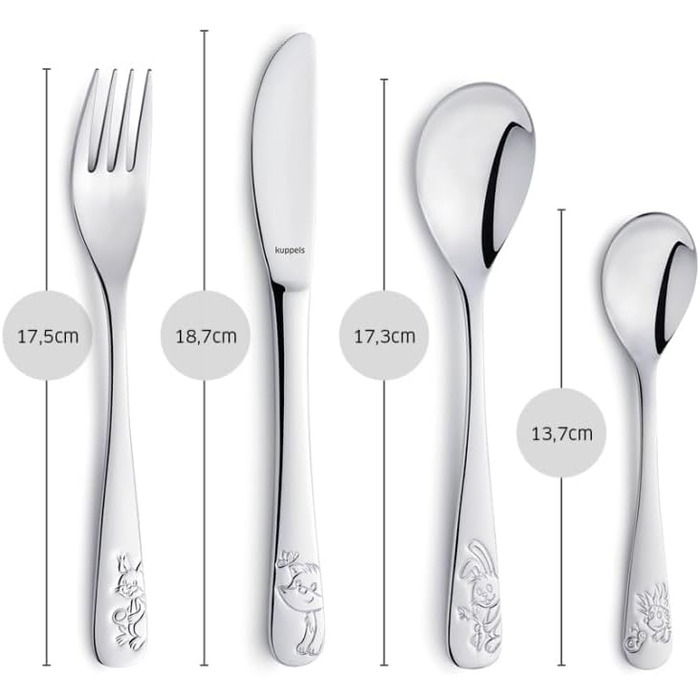 Набір дитячого посуду Kinderbesteck Set 4-teilig з персоналізацією - іменна гравіювання на ніж, виделку, ложку та чайну ложку. Ідеальний подарунок на народження, хрещення, день народження (тематика: лісові друзі)