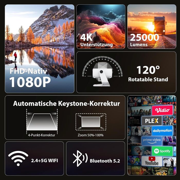 Розумний проєктор Beamer 4K Full HD 1080P, 25000 люмен, Android 11, WiFi 6, BT 5.2, обертовий штатив, для домашнього кінотеатру, сумісний з iOS/Android/Laptops, чорний