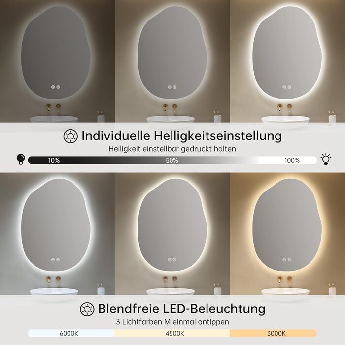 Дзеркало для ванної кімнати OUMUSU з підсвічуванням, арочне, без рами, 50x75 см. Антизапарник, сенсорне управління, регулювання яскравості, 3 кольори світла