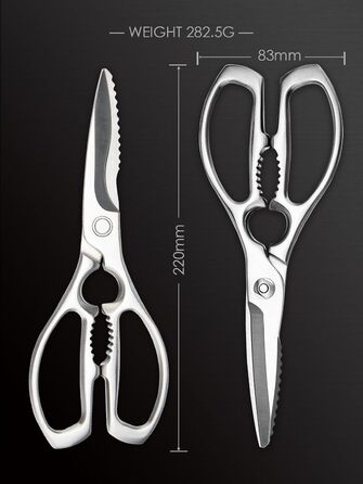 Кухонні ножиці важкі – з нержавіючої сталі 3Cr14, міцні для м'яса, птиці та овочів, з відкривачем пляшок, придатні для миття в посудомийній машині, 22,8 см, 5 років гарантії, сріблястого кольору