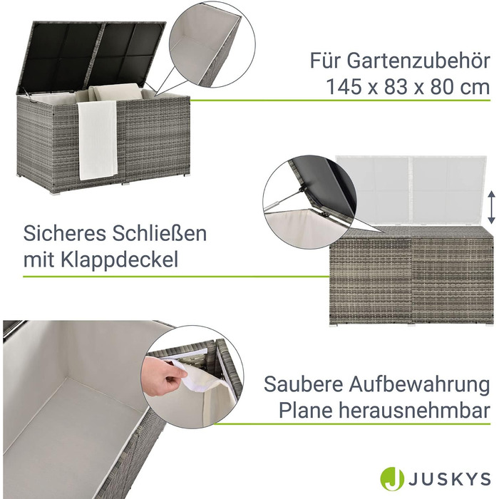 Ящик для подушок Juskys Ikaria 950 л з кришкою та автоматичним підйомним механізмом, сірий - для саду 145x82x79 см