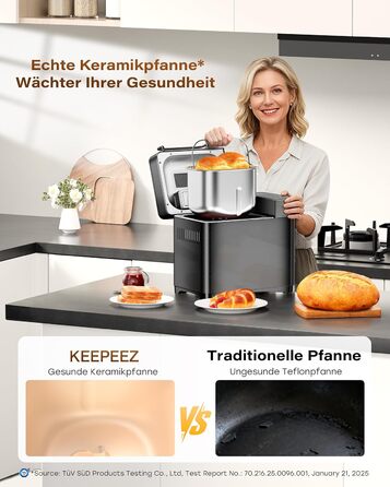 Преміум хлібопекарка Konvektions-Brotbackautomat 710W з керамічною формою, 17 функцій, диспенсер для горіхів, сталь, чорна