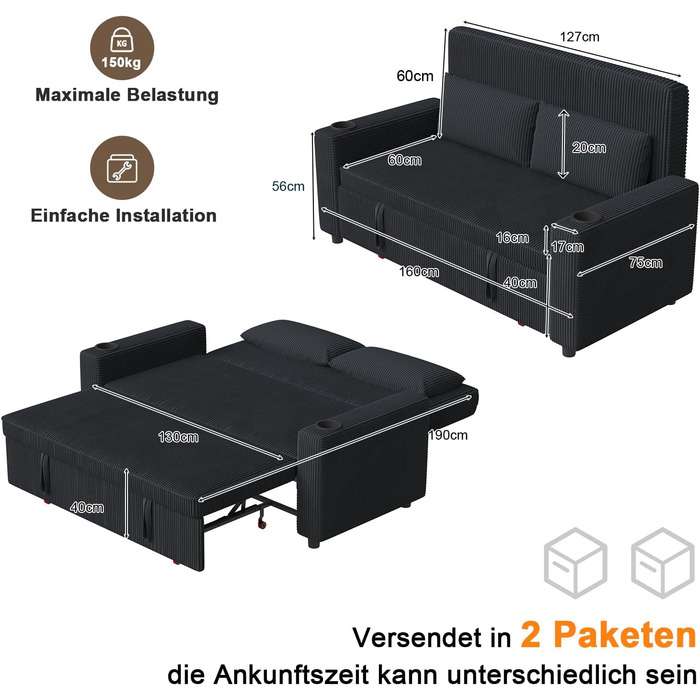 Диван-ліжко JUMMICO 2-місний розкладний з подушками, оббивка корд, чорно-синій, 75x160x93 см. Диван для вітальні та спальні з підсклянником