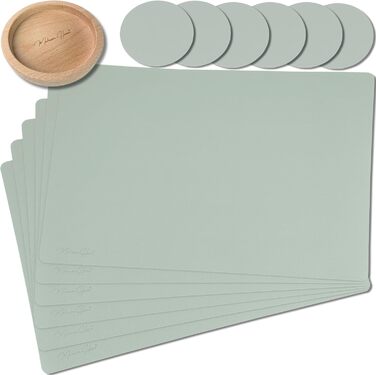 Набір з 6 преміум-підкладок для столу Mahewa® з екошкіри - підкладки для тарілок, миються та водонепроникні, в стилі шкіри (Salbeigrün, кутові з тримачем)