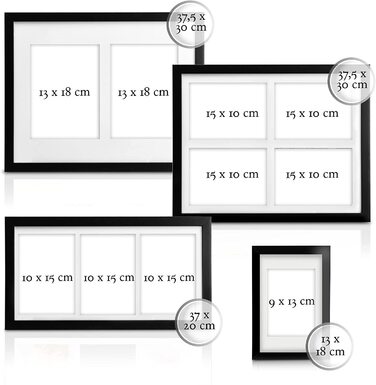 Фоторамки для 3 фотографій 10x15 см-фоторамки з дерева, пластикового скла, металева підвіска, підставка і паспарту Мультикадри для фотографій колажі - (набір з 7 шт. 10x15, 13x18 і 9x13 (14 зображень), чорний)
