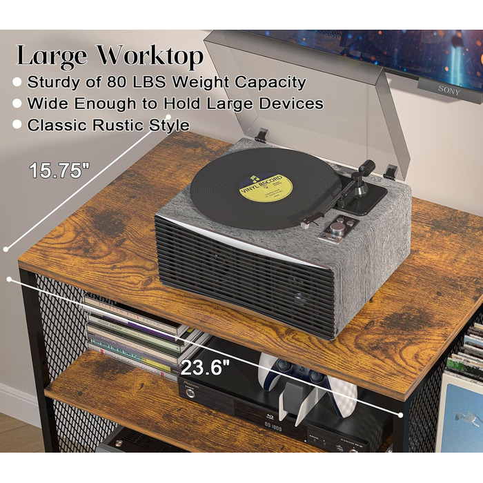 Підставка для програвача вінілу з місцем для зберігання платівок, до 200+ альбомів, медіа шафа, консольний столик, стійка для стерео, тумба, AV-стійка. Колір: русявий, розмір: великий