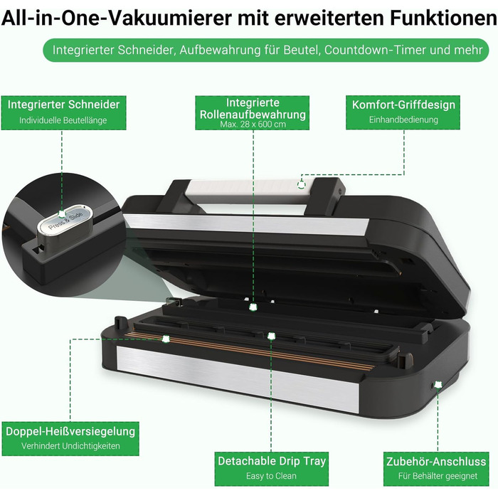 Вакууматор 10-в-1 для продуктів 95 кПа, вакуумний пакувальник з подвійною термозаваркою, вбудованим ножем та відсіком для пакетів, сталевий корпус, комплект з 2 рулонами