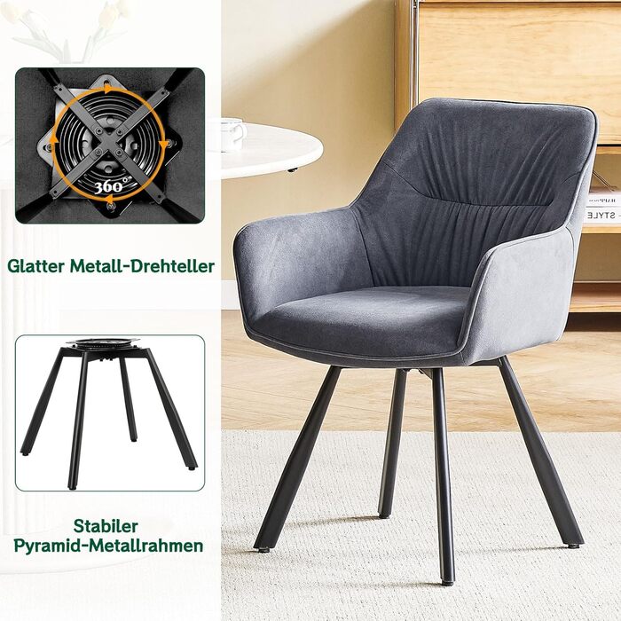 Набір обідніх крісел 6 шт., поворотні, з підлокітниками, 360°, сучасний м'який стіл з велюру, для їдальні, кухні, вітальні, кабінету, спальні (4 поворотні, сірий)