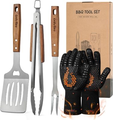Набір гриль-посуду Onlyfire 4 шт. з нержавіючої сталі та акації (щипці, лопатка, виделка, щітка)