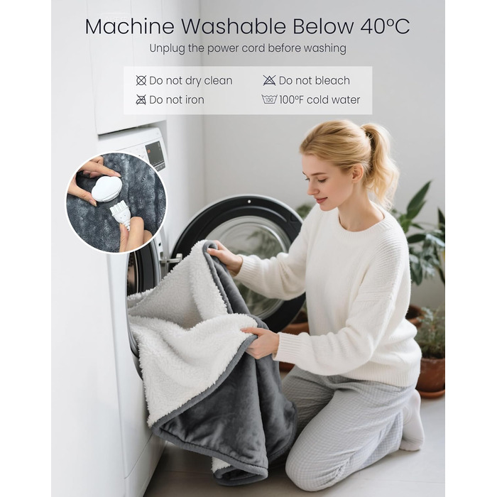 Електрична ковдра AnySun 200x180 см з автовимкненням, 6 рівнів нагріву, таймер 10 годин, захист від перегріву, сіра, для ліжка, дивану, машинне прання