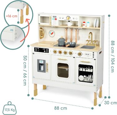 Дерев'яна дитяча кухня Mamabrum з LED-підсвічуванням - ігровий набір кухонь з регульованою висотою, з приготуванням кубиків льоду, мікрохвильовою піччю, плитою та посудомийною машиною. Іграшка для дітей від 3 років