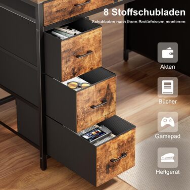 Комп'ютерний стіл з 8 висувними ящиками, 2 розетками, USB-портами, LED-підсвічуванням та підставкою для монітора, 120 x 50 x 74 см, Колір: Коричневий