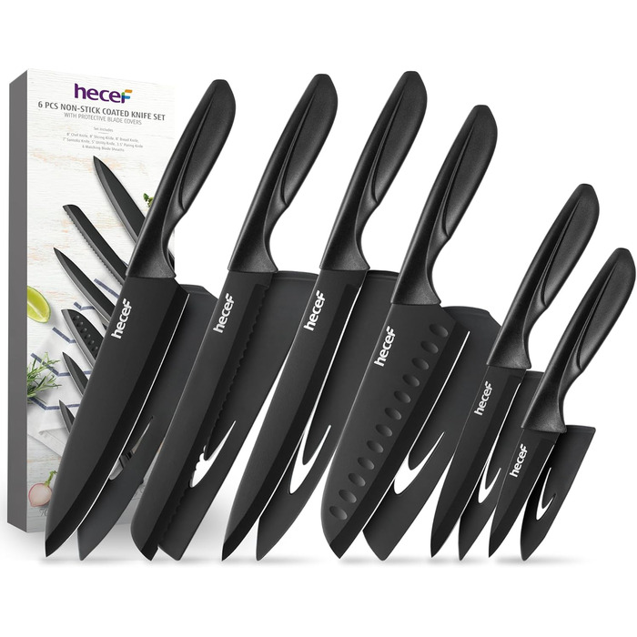 Набір кухонних ножів Hecef 15 предметів з бруском, чорний колір, антипригарне покриття, безпечний для миття в посудомийній машині, самозаточуваний брусок, ергономічні ручки, набір ножів для кухні для початківців та любителів готування (6 шт)