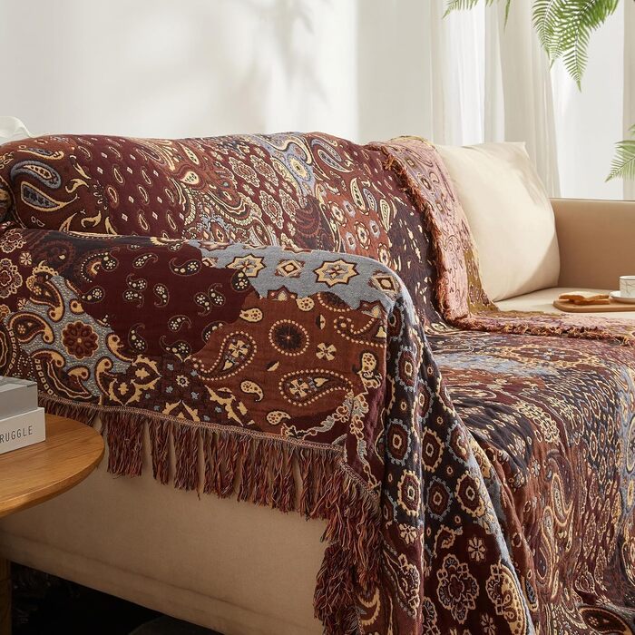 Богемна ковдра Softexly Boho Decke 100% бавовна, двостороння муслінова ковдра 150x200 см, м'яка диванна ковдра та покривало для ліжка, естетичний дизайн, ідеальна для вітальні та спальні, помаранчево-зелена (230 x 250 см, візерунок Пайслі)