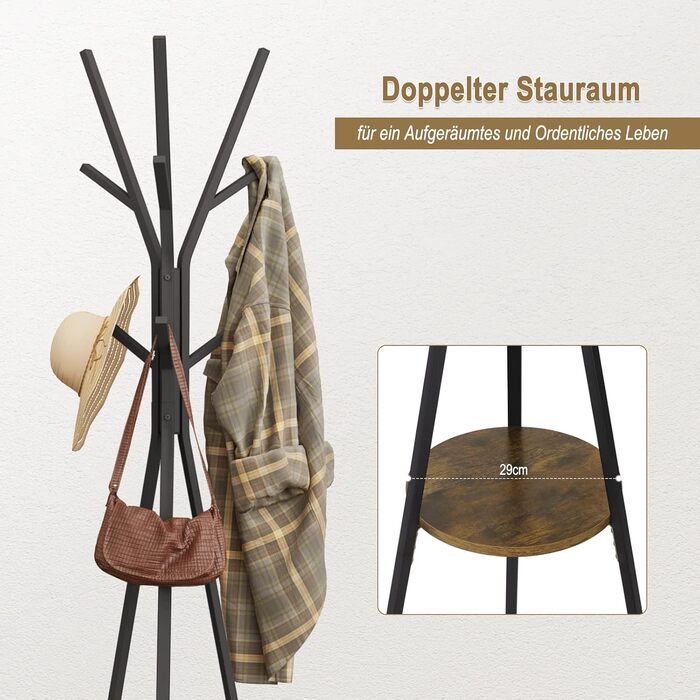 Вільна стійка для одягу WOLTU у вигляді дерева з полицею, 9 гачків, для одягу, шапок, сумок, біла, металева (чорна)