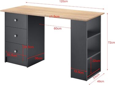Письмовий стіл 120x50x72см з 3 полицями та шухлядами Офісний стіл, Комп'ютерний стіл, Стіл для ПК (Темно-сірий / Дерево)
