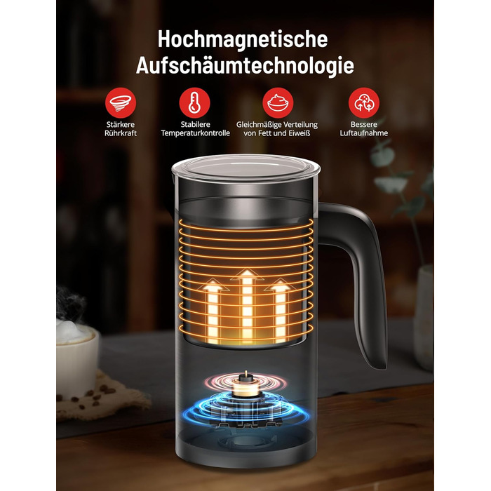 Електричний спінювач молока PARIS RHÔNE 4-в-1, 300 мл, індукція, антипригарне покриття, бездротовий, для гарячого та холодного молока (чорний)