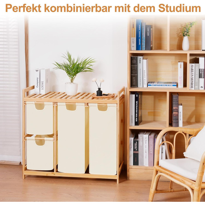 Бамбуковий кошик для білизни iEGrow з 4 відділеннями (150л), з полицею для брудної білизни, Oxford-тканина, 2 x 50л, 2 x 25л, бежевий