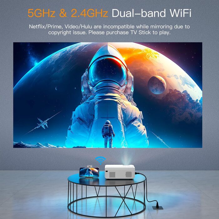 Портативний проєктор Smart Mini Beamer 4k з автофокусом та корекцією трапецеїдальних спотворень, 28000 люмен, WiFi6, Bluetooth, Full HD 1080P, 210° оберт, для домашнього кінотеатру та використання на відкритому повітрі (сумісний з Netflix та Dolby Audio, 