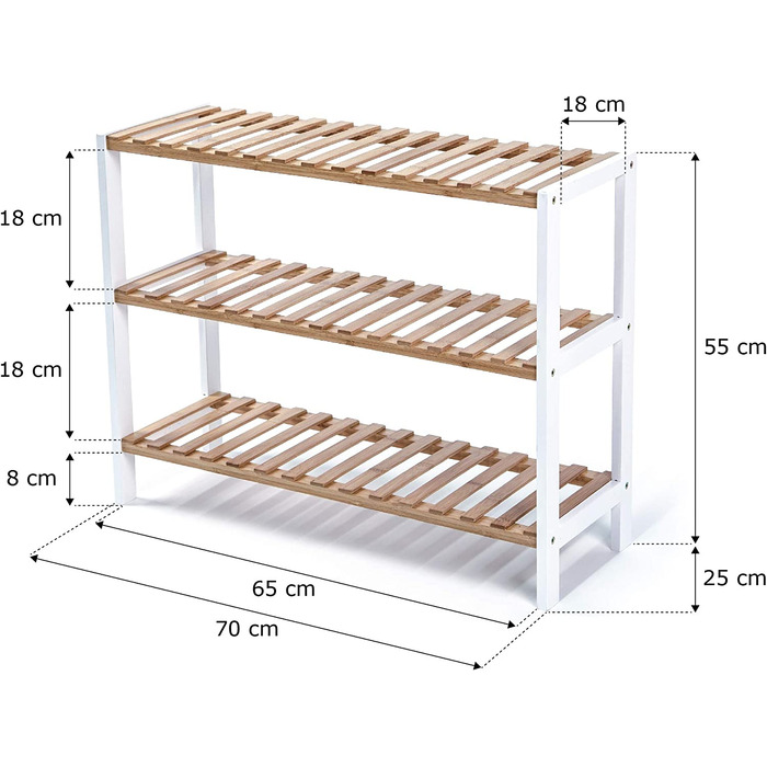 Підставка для взуття Edaygo з сидінням, 3 рівні, на 12 пар взуття, 55x70x25 см, бамбук/дерево, біла