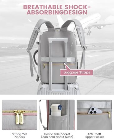 LOVEVOOK Рюкзак для ручної поклажі, жіночий/чоловічий, 40L, водонепроникний, з відділенням для взуття, 17 дюймів для ноутбука, сірий+рожевий+бежевий