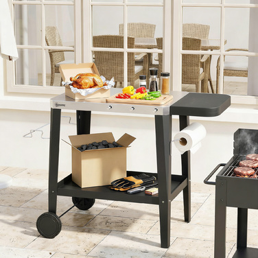 Візок кухонний на колесах з гачками, тримачем для паперових рушників та відром для сміття, нержавіюча сталь, 115 x 67,5 x 80,5 см, чорний