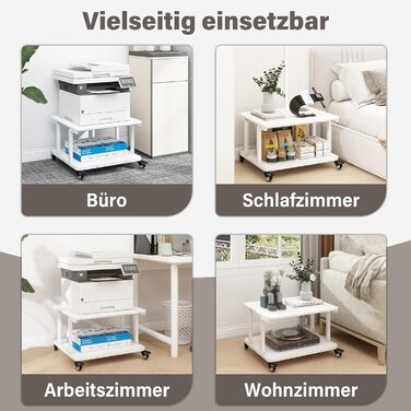 Стіл для принтера PUNCIA з 2 рівнями, мобільний, 60x50 см, білий. Підходить для принтера, сканера, копіювальника.