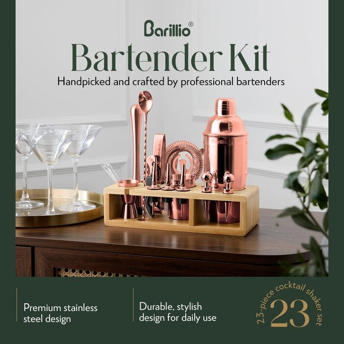 Набір для коктейлів Barillio Elite, 23 частини, нержавіюча сталь, бамбуковий підставник, чорний колір, з рецептами, у подарунковій сумці