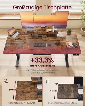 Стіл письмовий регульований по висоті VASAGLE з підставкою для монітора, шухлядою, USB-C та нагадуванням про перерви, 140 x 70 см, Vintage Brown