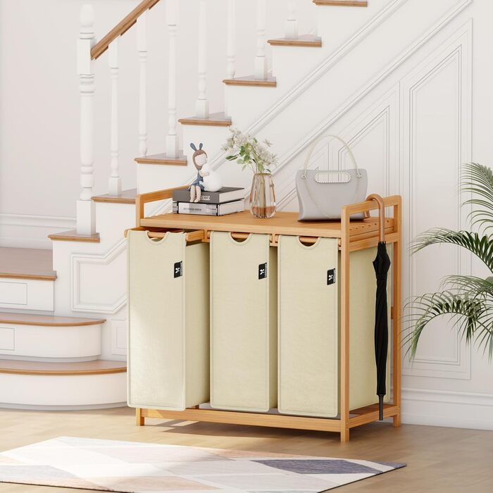 Кошик для білизни AdelDream 150L з 3 відділеннями, висувні полиці та знімний мішок для білизни, бамбуковий каркас, бежевий