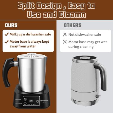 Електричний спінювач молока 5-в-1 з нержавіючої сталі, 500 мл, знімний контейнер, контроль температури, для гарячого та холодного молока, капучино, лате